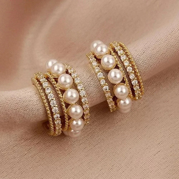 Gold or Silver Pearl Hoop Earrings CZ Diamond Hoops Wedding Party Hoop Earrings - Picture 1 of 4